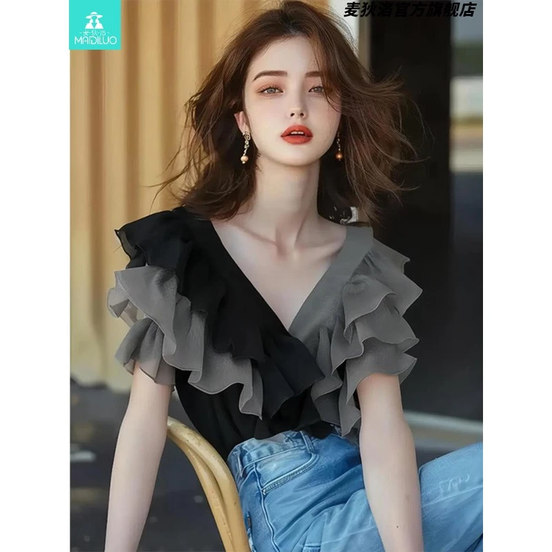 【限量款】法式黑灰拼色荷叶边领短袖衬衫今年流行的气质独特漂亮小