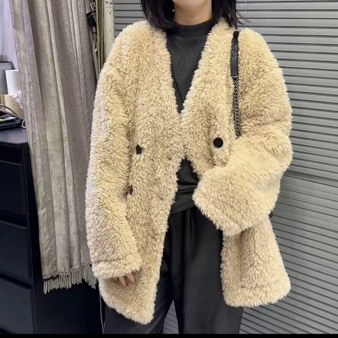 1971V领双排扣羊羔毛外套