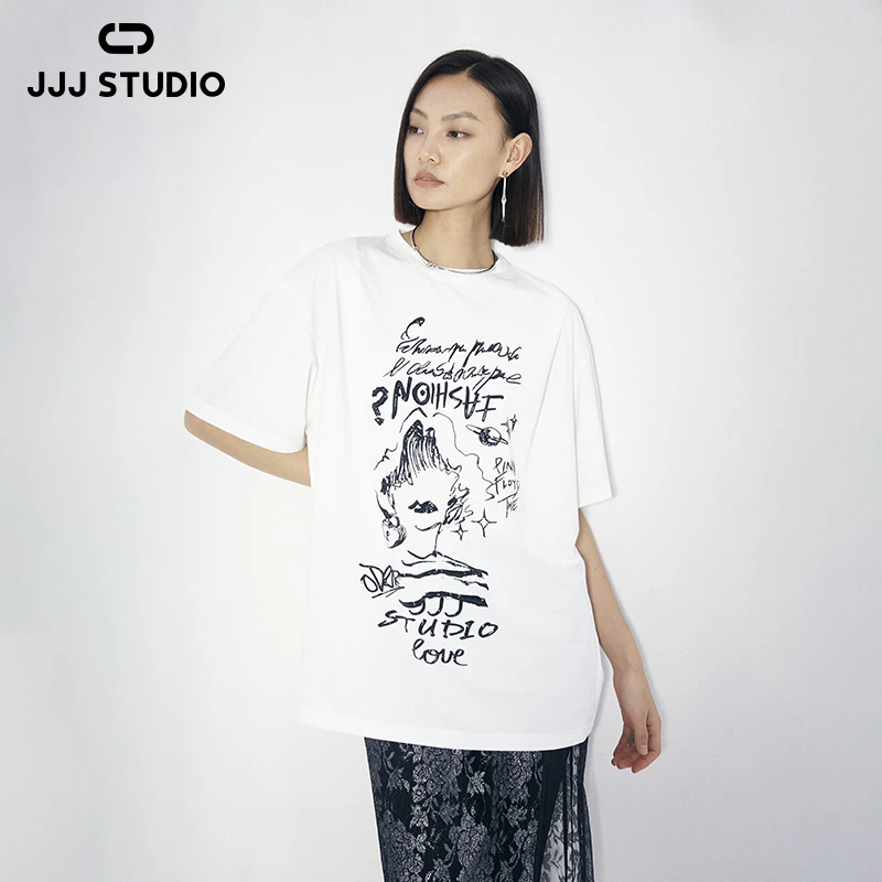 JJJ STUDIO 白色经典简约涂鸦抽象艺术印花短袖圆领T恤JDWFS1T006