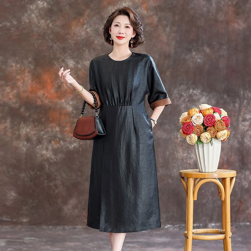 齐黛【玄墨】龟裂纹香云纱连衣裙新中式宽松大码妈妈真丝裙