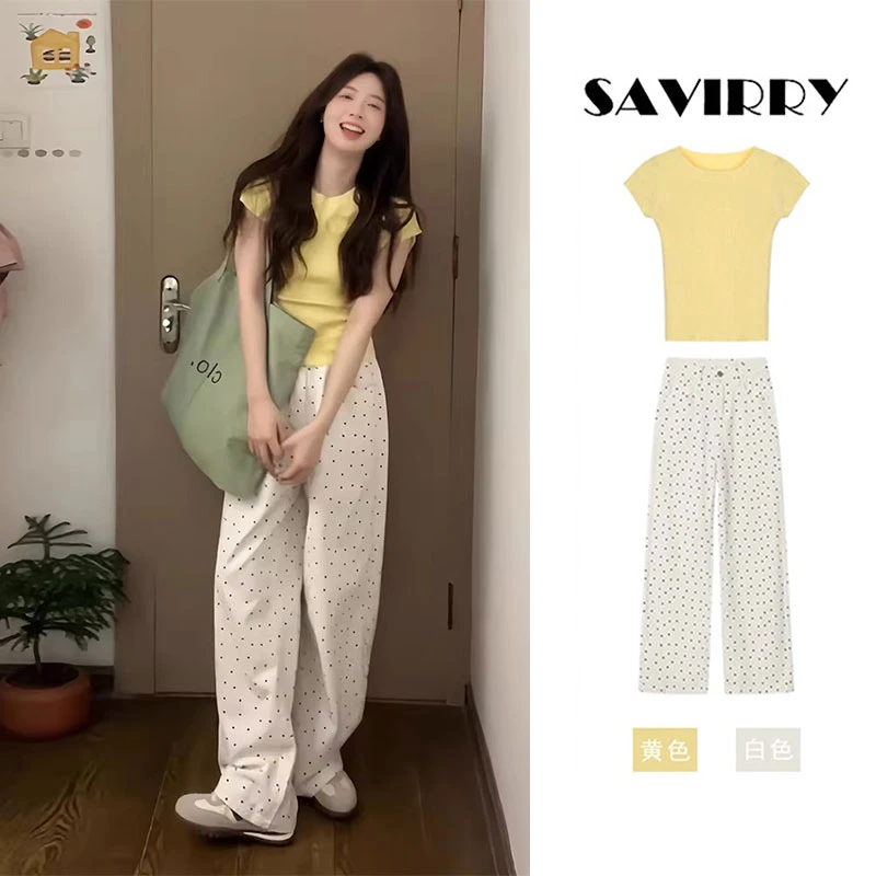 夏装搭配一整套2024新款多巴胺黄色短袖波点裤子松弛感穿搭套装女