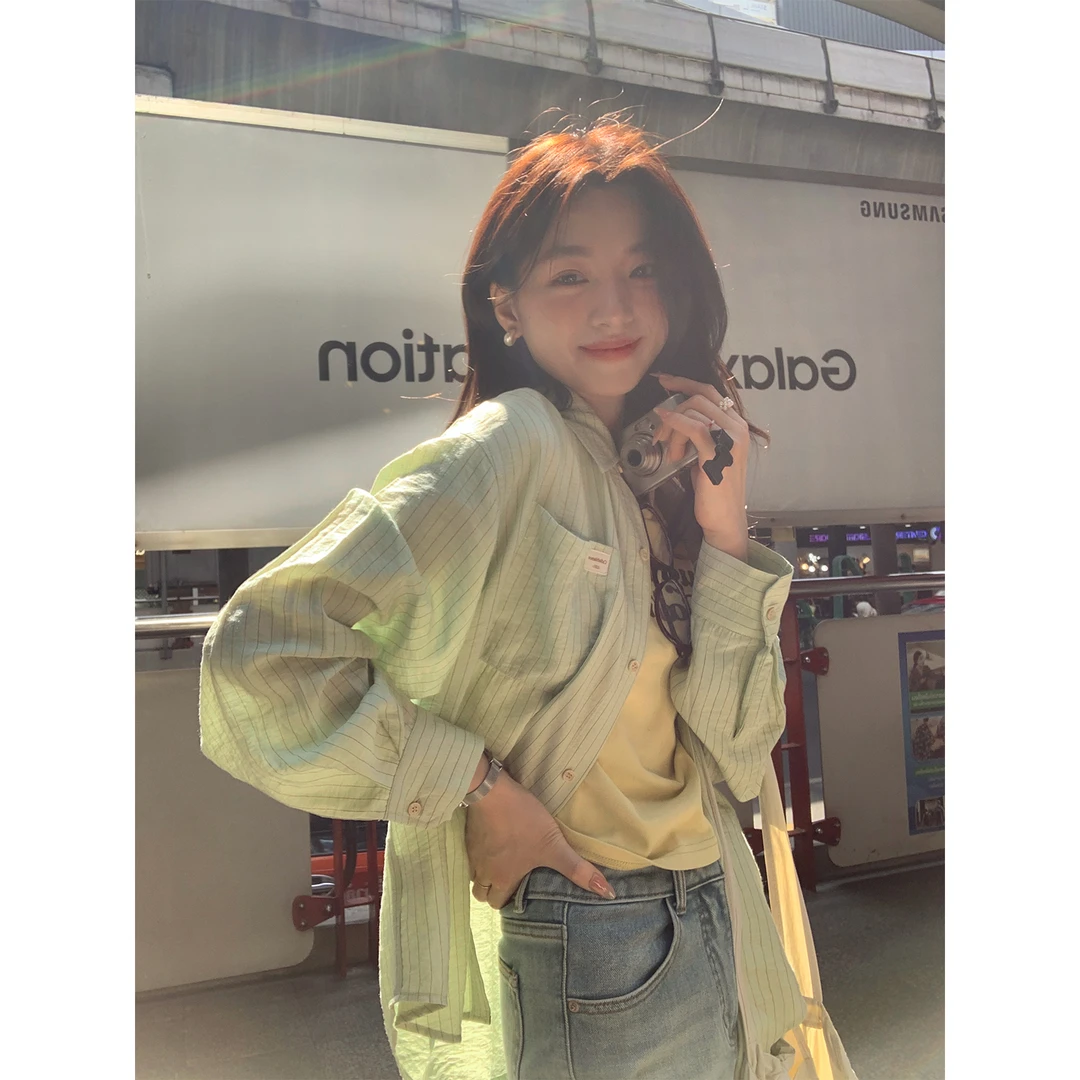 【西西里安】博主腔调~韩系休闲自带微皱感贴标条纹衬衫