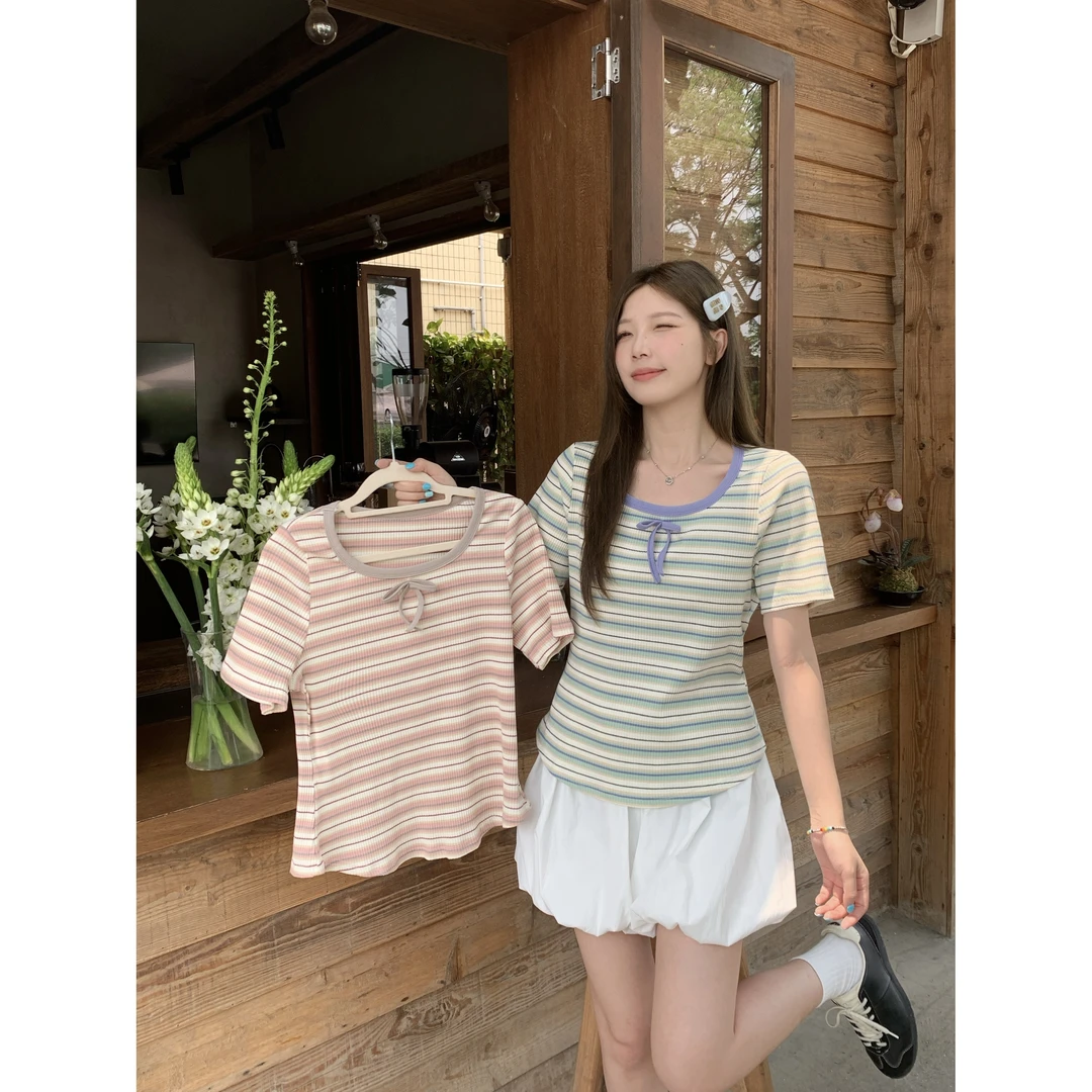 清大码美美哒2025夏季条纹圆领蝴蝶结短袖T恤修身小个子上衣63450