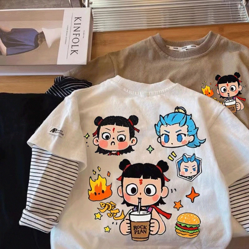 新款男女童哪吒长袖T恤儿童卡通春秋假两件打底宝宝纯棉休闲上衣t