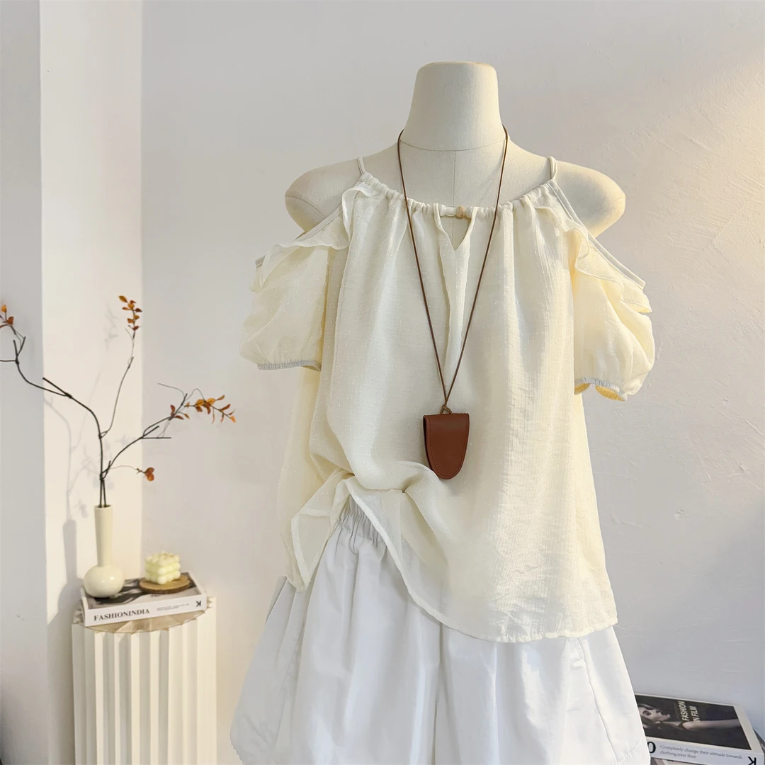 法式系带挂脖露肩短袖衬衫女2025夏设计感宽松减龄泡泡袖小衫上衣
