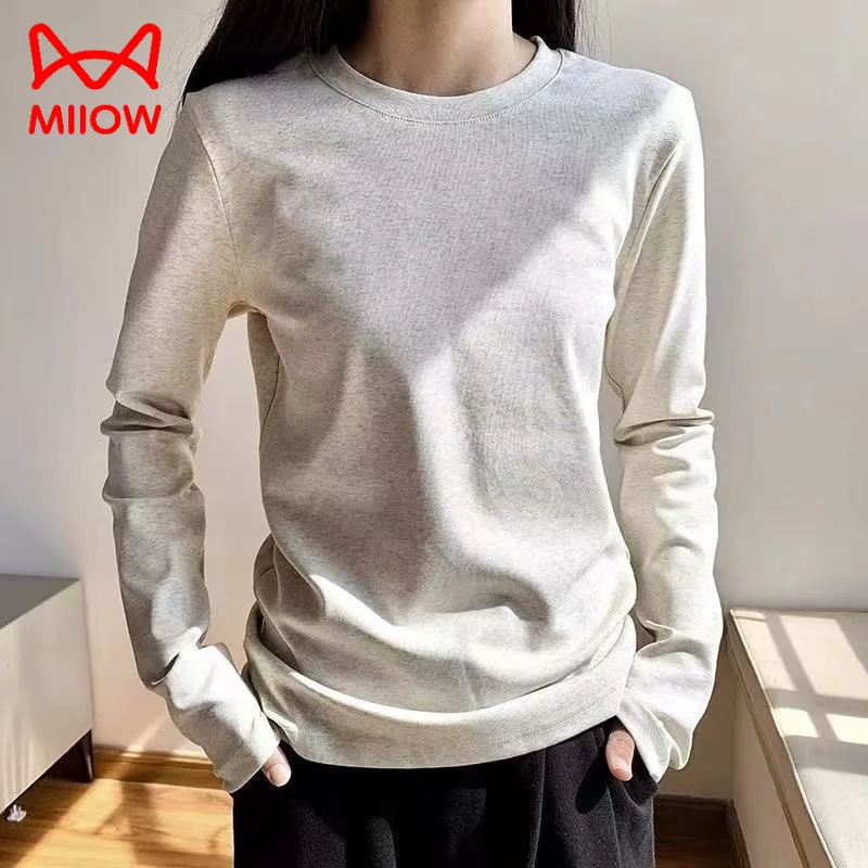 MiiOW/猫人麻灰色复古显白修身圆领正肩长袖t恤女新年内搭打底潮