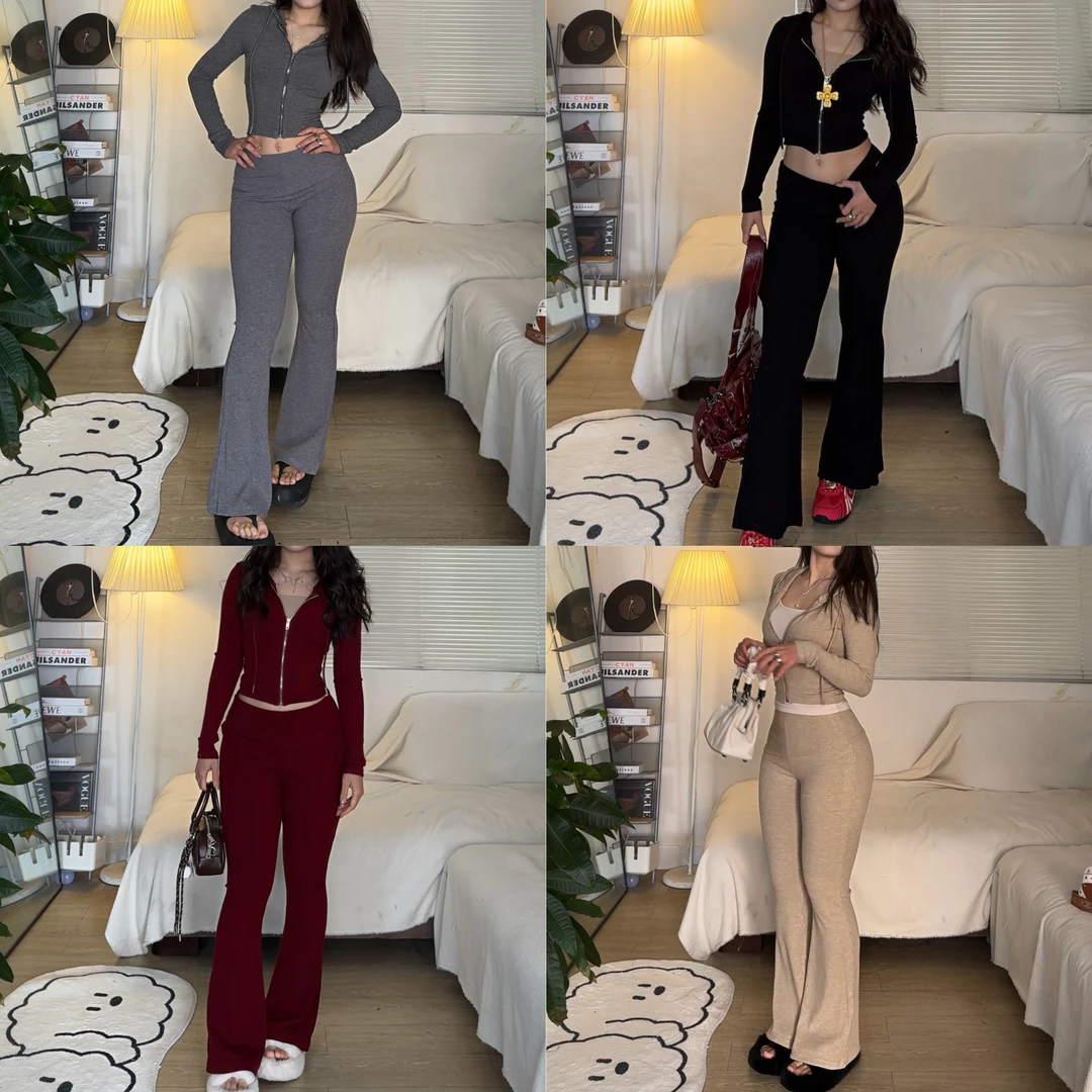 FBLin1显身材连帽修身长袖开衫外套上衣女翻腰微喇长裤休闲套装春