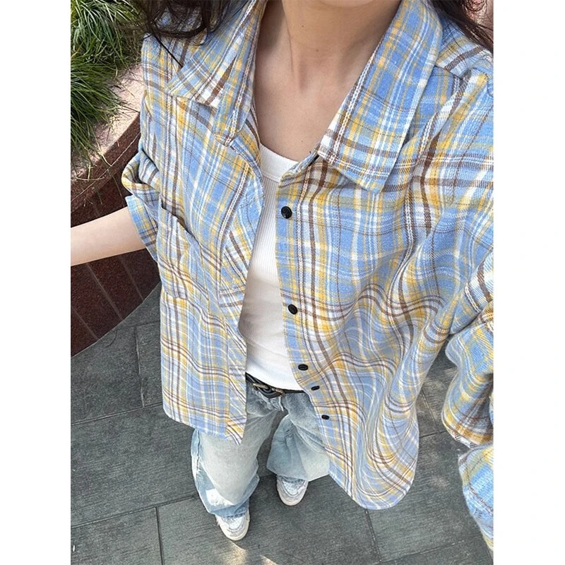 黄蓝格子设计感衬衫男款春秋高级感上衣情侣衬衣美式复古中性外套