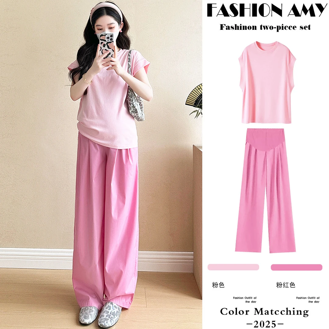 孕妇套装夏装新款时尚韩版洋气宽松薄款短袖T恤上衣休闲阔腿裤子1