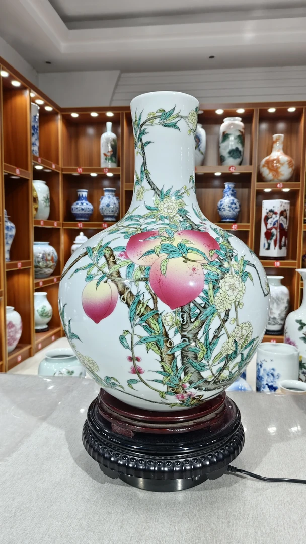 纯手工手绘九桃五福天球瓶花瓶陶瓷九桃天球瓶