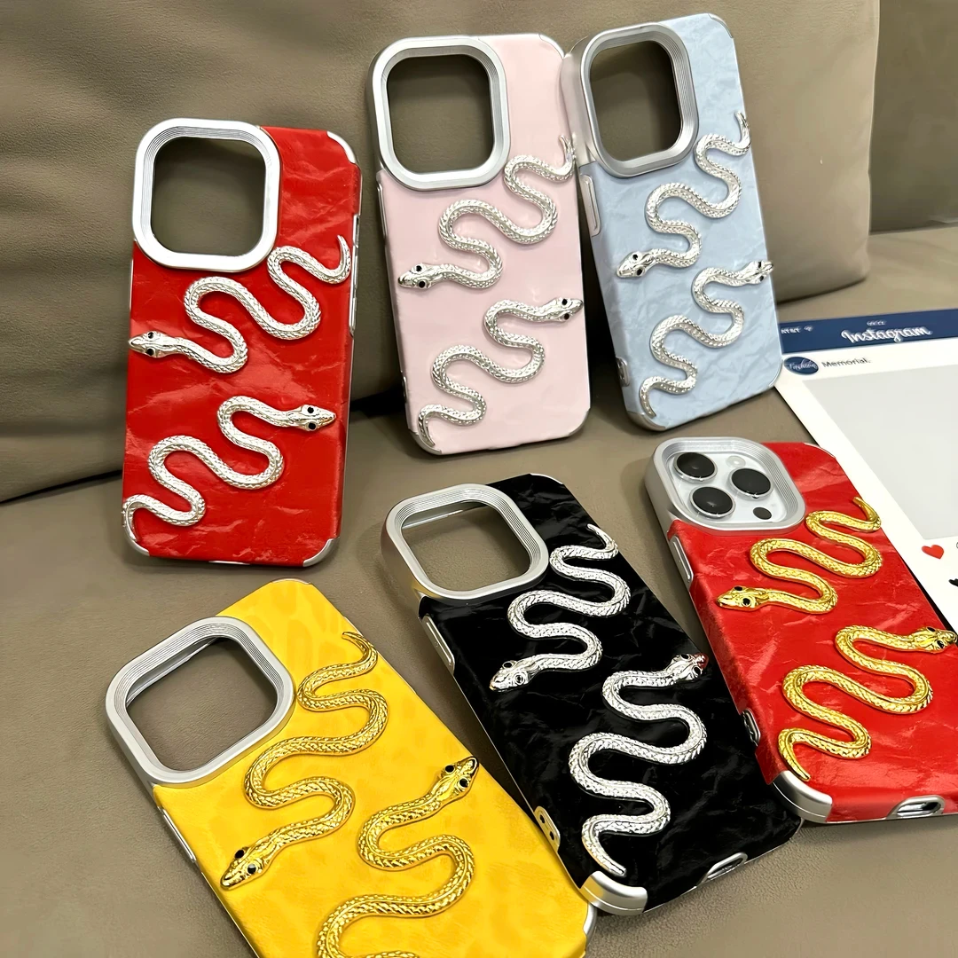 金色双蛇电镀小羊皮适用iPhone16promax苹果15手机壳14/13/12全包