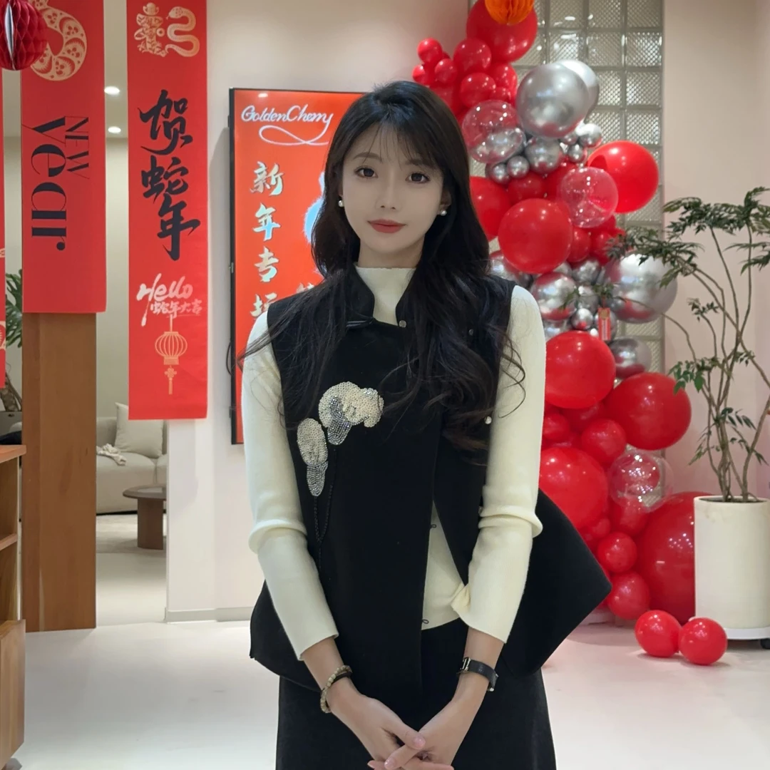 1【Golden cherry】亲子黑色潮流时尚亮片刺绣马甲外套QDD064