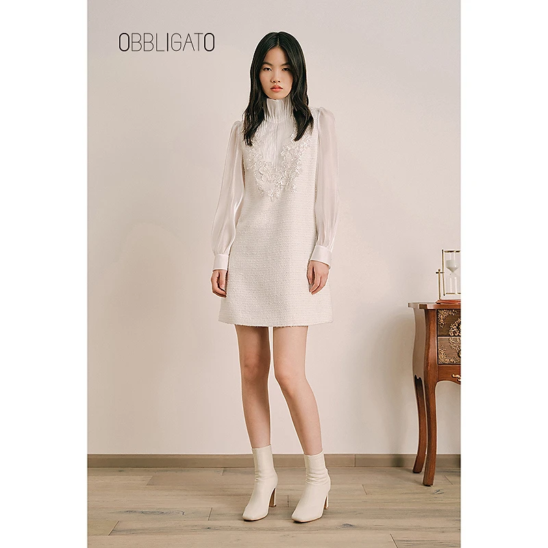 OBBLIGATO奥丽嘉朵1C34105100春季银丝亮片刺绣连衣裙