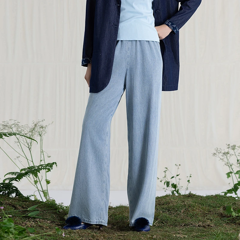 生活在左牛仔棉混纺裤子宽松直筒百搭显瘦夏季阔腿裤女1952107