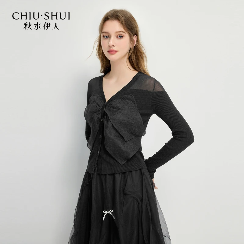 秋水伊人简约蝴蝶结针织开衫2025春季新款拼接上衣625101D100415
