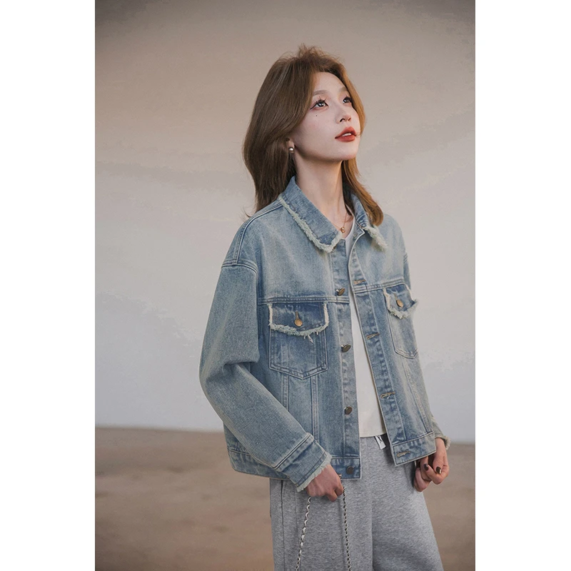 小谷粒蓝色牛仔外套女小个子短款2025春秋季新款时尚毛边夹克上衣