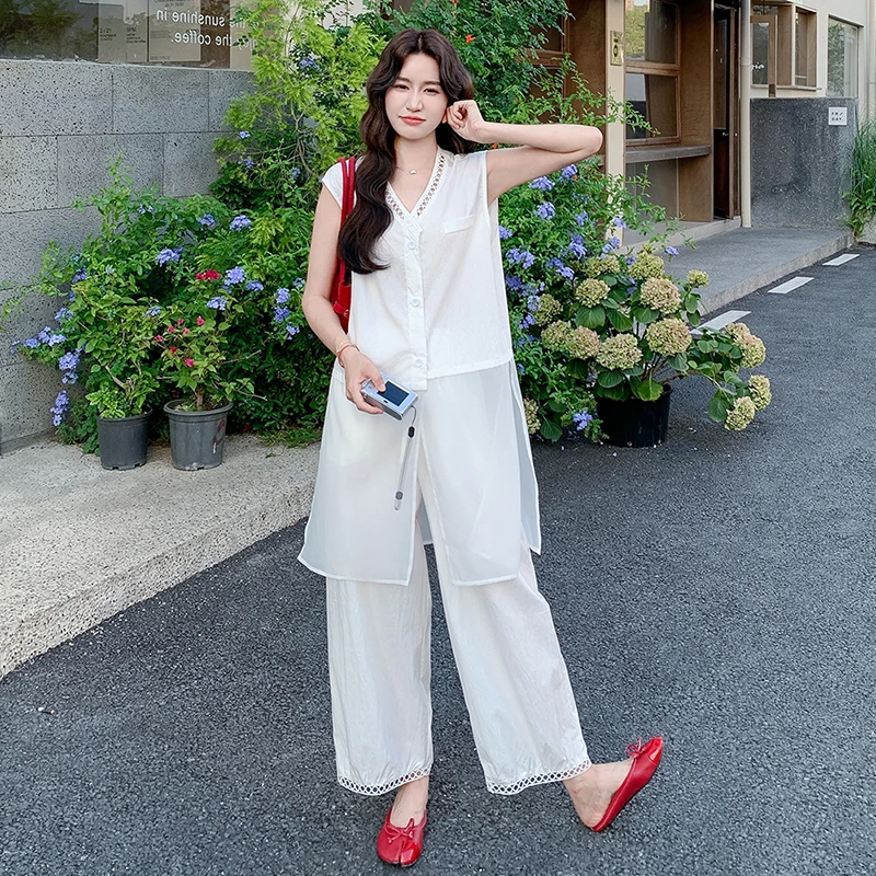 白色简约气质老钱风套装女夏季网纱拼接无袖上衣灯笼阔腿裤两件套
