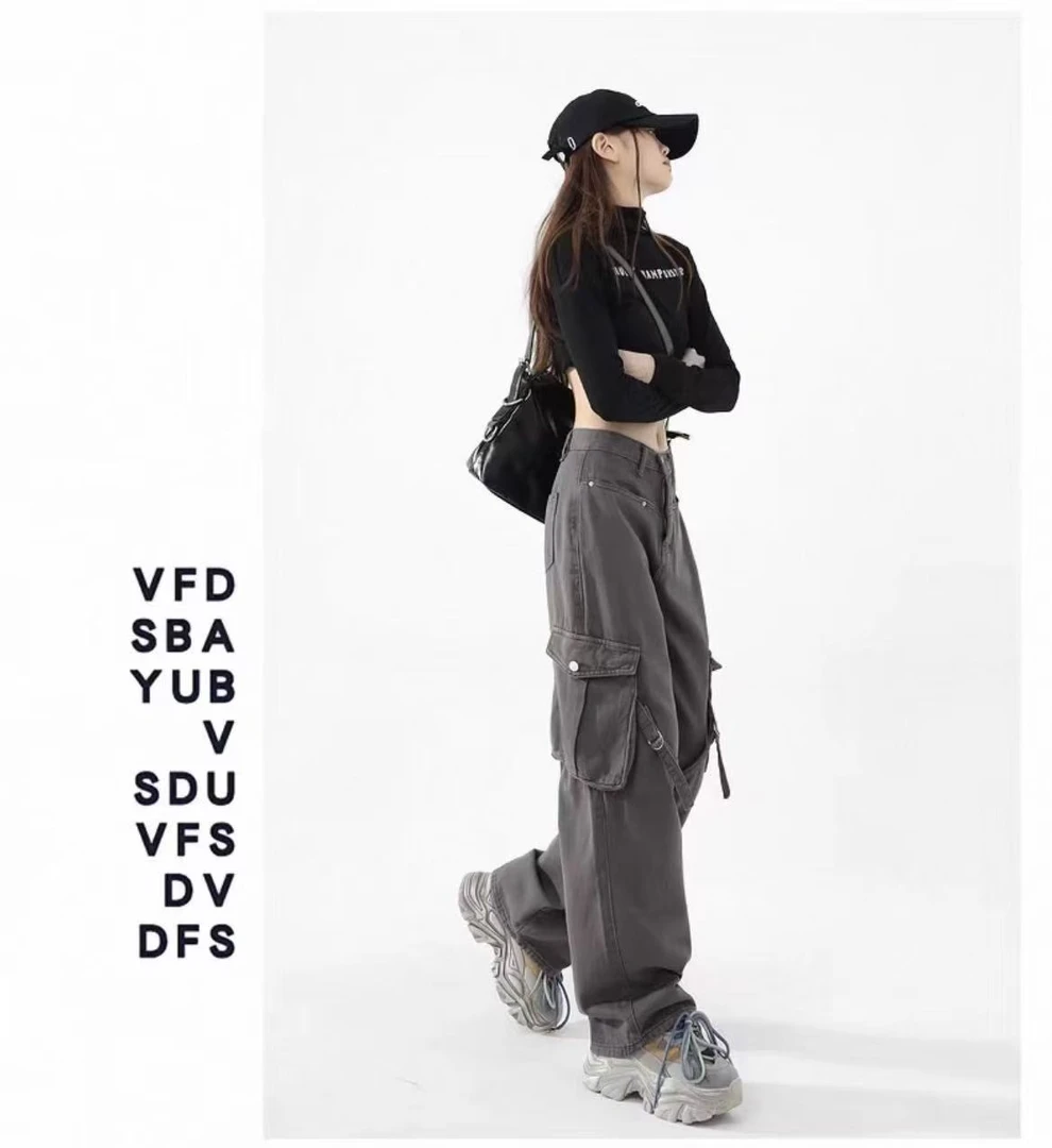 5508#美式复古工装牛仔裤女秋冬新款潮高腰显瘦直筒阔腿休闲裤子