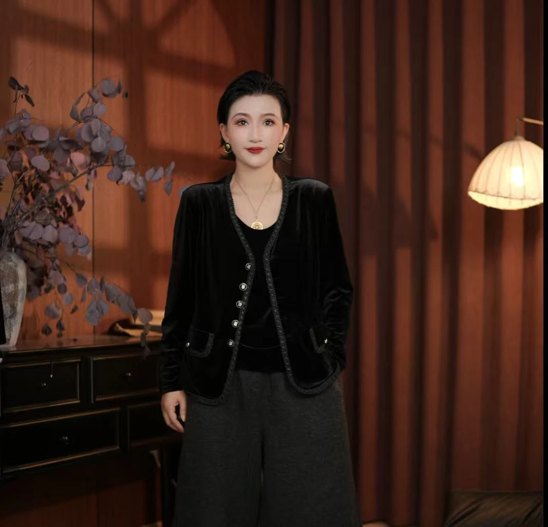 5106女士新款复古休闲单排扣丝绒小香风丝绒外套上衣