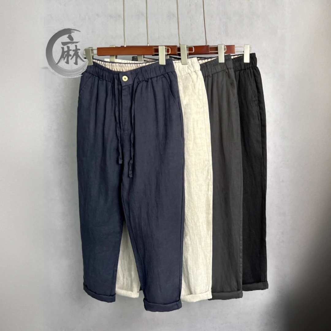 高端纯亚麻男裤夏季薄款麻料裤子男士全麻裤大码宽松商务休闲长裤