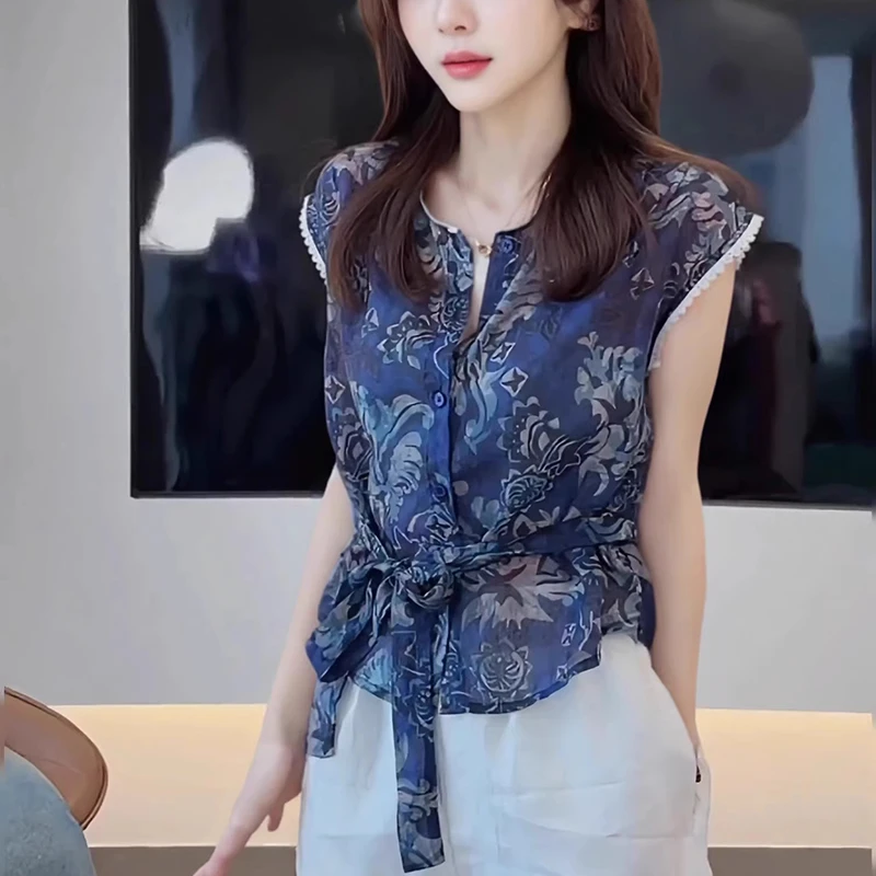 法式碎花无袖雪纺衬衫女2025新款爆款夏季设计感后背绑带收腰上衣