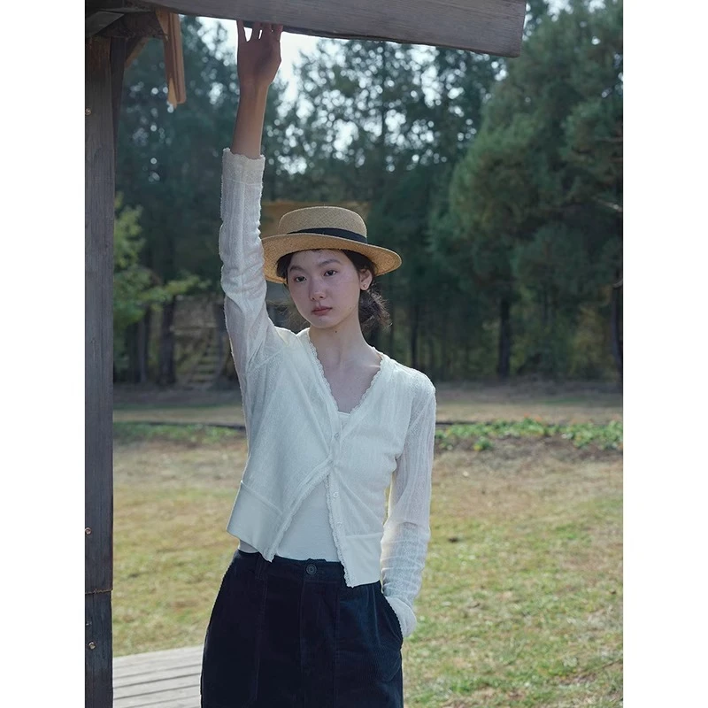 Nice people2025SS 羊毛镂空针织提花温柔感蕾丝V领长袖开衫