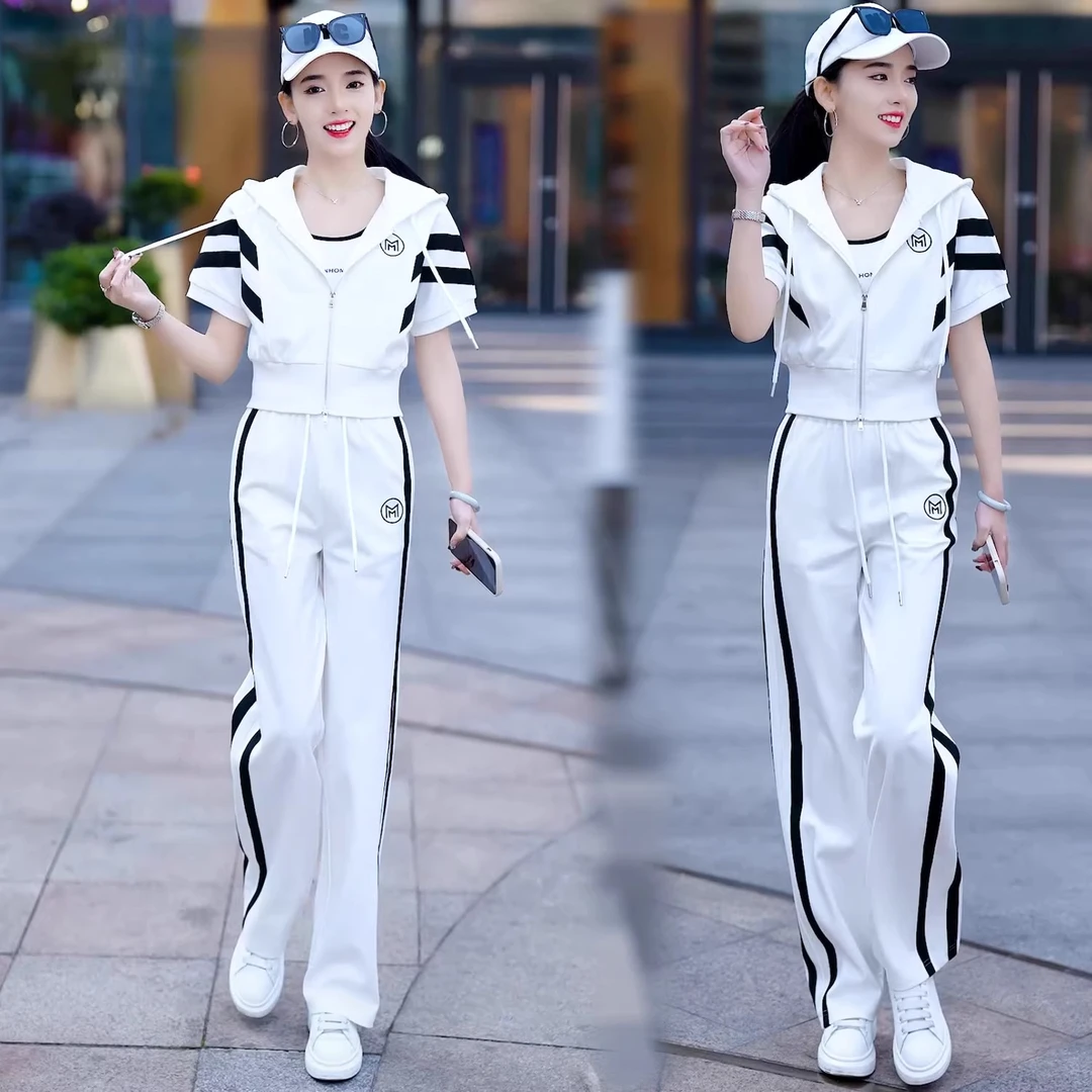 短袖时尚休闲套装女士2025年夏季新款连帽卫衣阔腿裤运动服两件套
