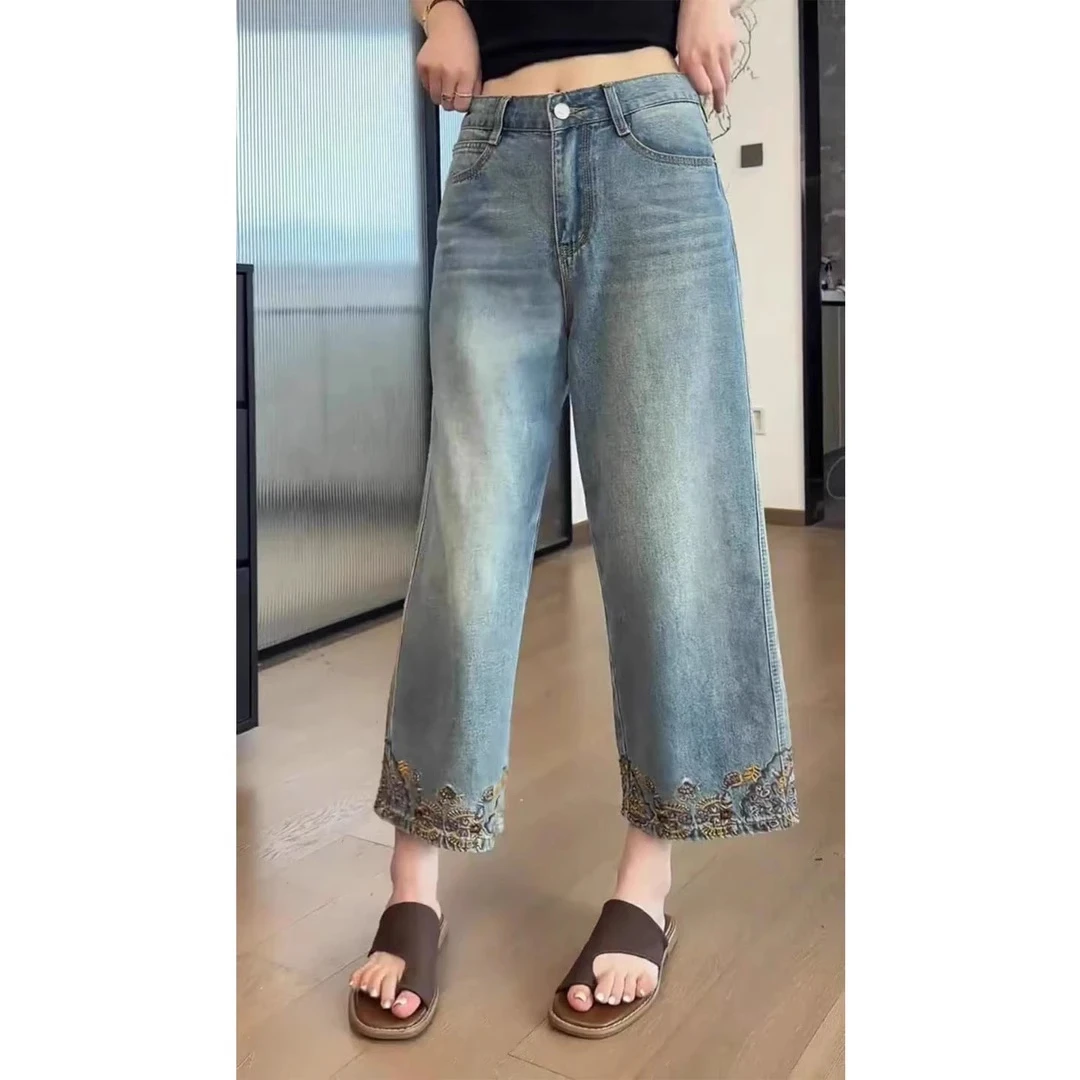 高腰复古秋季女牛仔裤刺绣直筒裤大直筒裤阔腿裤时尚百搭显瘦