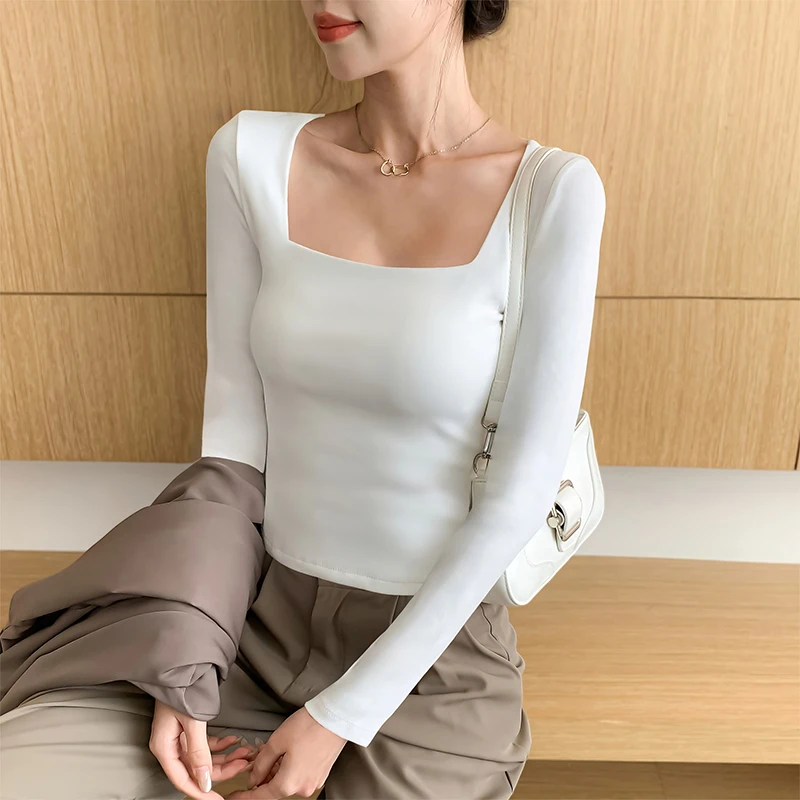 白色气质方领打底衫女早秋2025新款高端螺纹性感长袖低领内搭上衣
