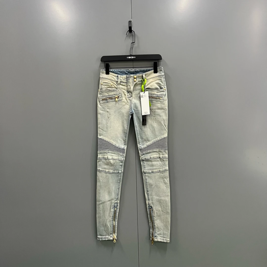 99新 BALMAIN/巴尔曼 ts 做旧拉链修身牛仔裤 36码604535