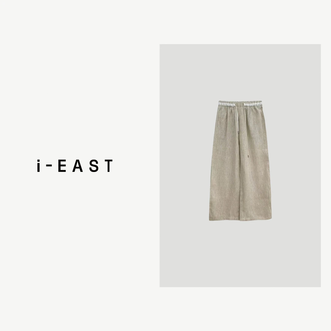 i-EAST 灰白幻想~ 中式简约松紧腰系带休闲裤-4X K32798