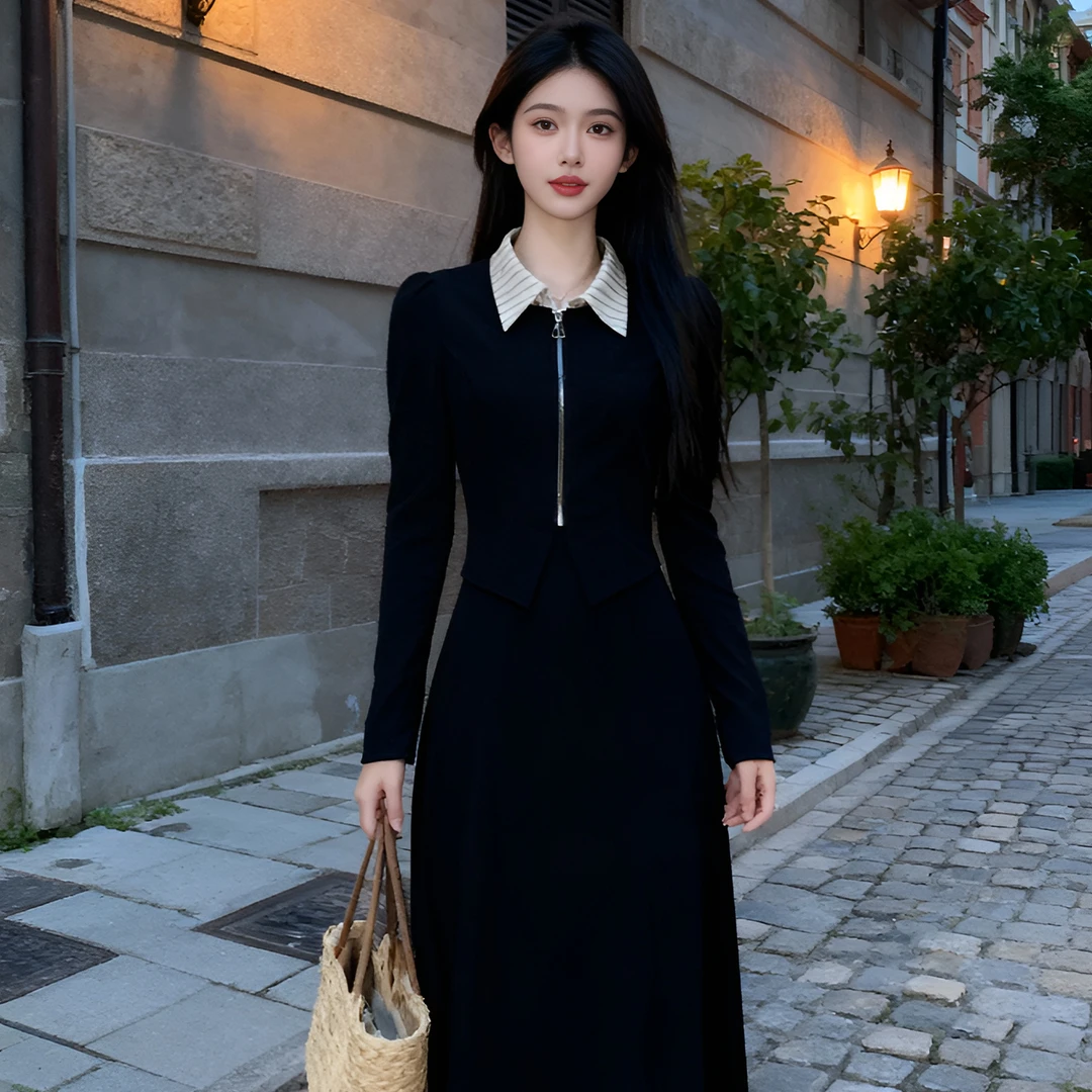 春秋新款设计感翻领休闲简约连衣裙气质时尚轻奢中长款长袖裙子女