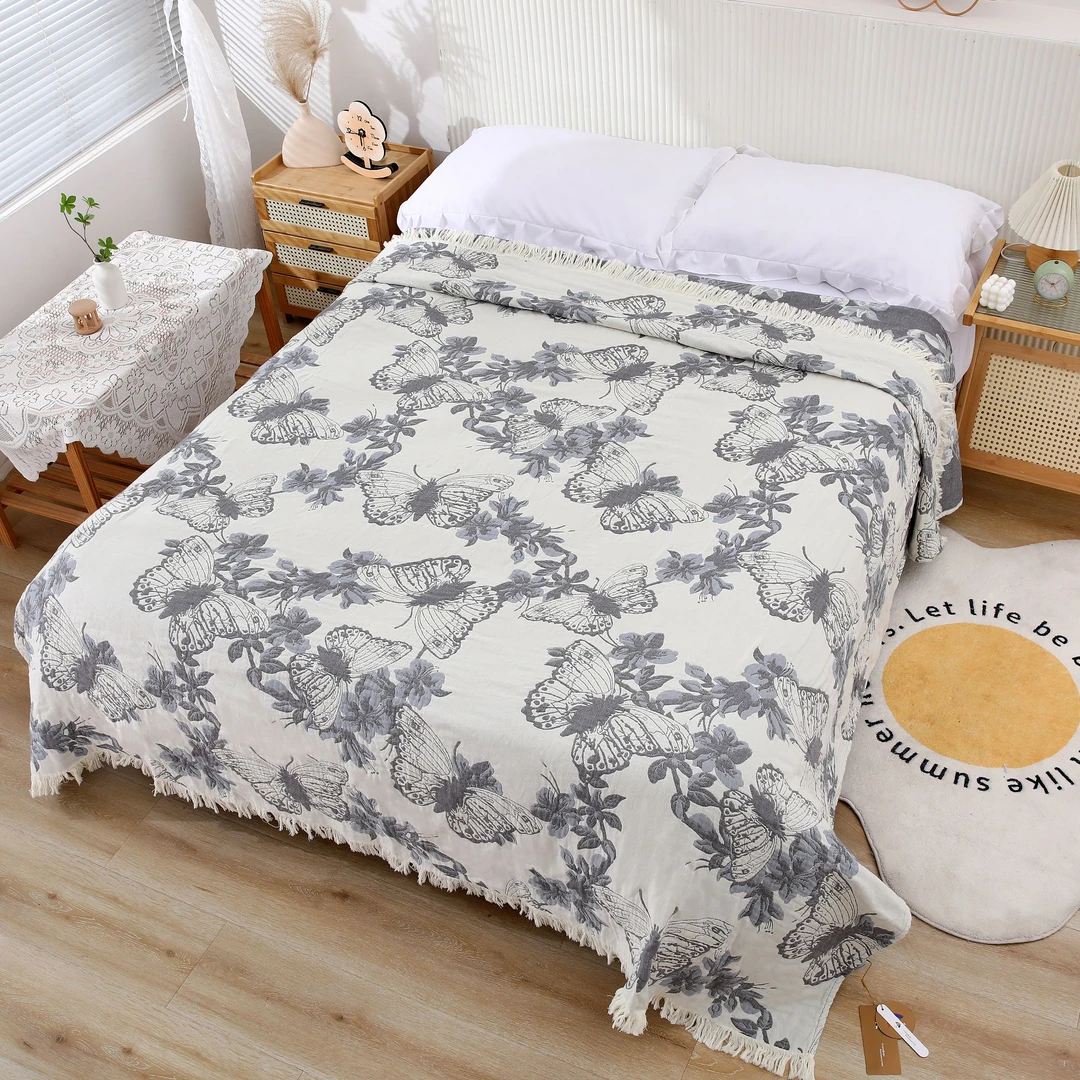 WY【流苏蝴蝶·蓝】新中式风 复古蓝色蝴蝶新款多功能实用床盖毯