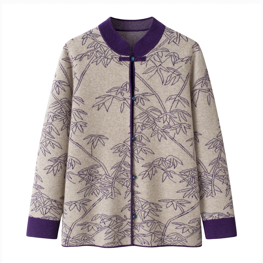 中老年女装2025秋冬新款国风加厚老人纯羊毛衫女立领开衫妈妈毛衣