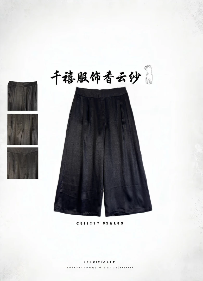 【千禧专属】1144时尚休闲百搭黑油皮桑蚕丝香云纱直筒裤
