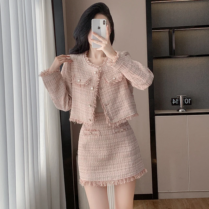 2025春秋新款粉色小香风套装裙女高级感气质名媛外套半裙两件套