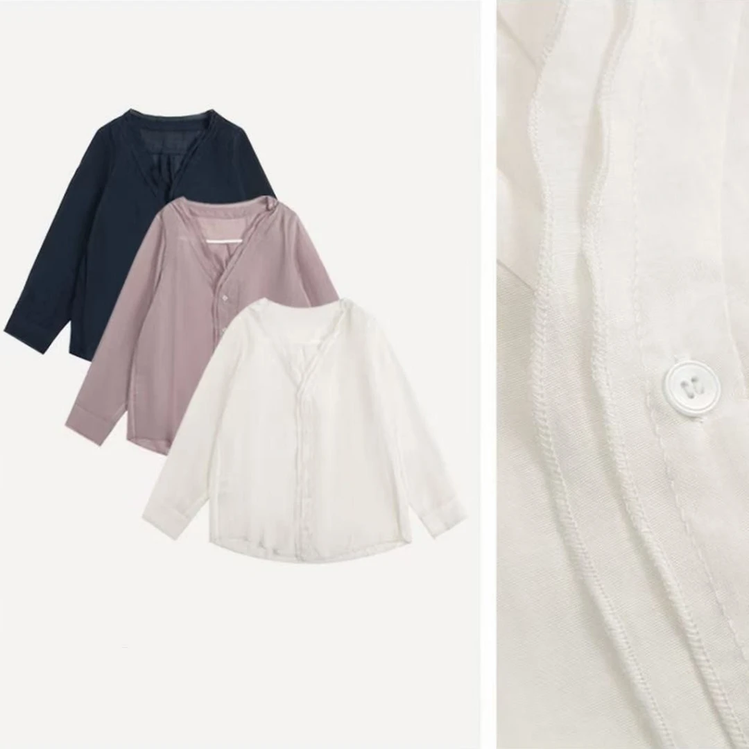 韩系小众简约夏季新品双层花边V领微透宽松显瘦百搭休闲衬衫上衣