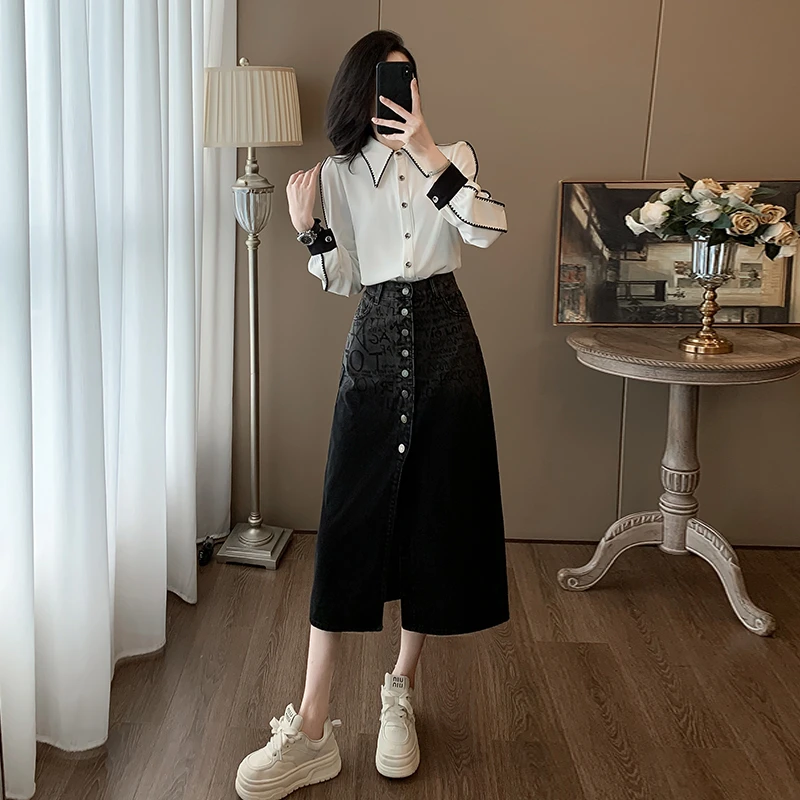 时尚撞色气质休闲套装裙女春秋季洋气设计感长袖衬衫半身裙两件套
