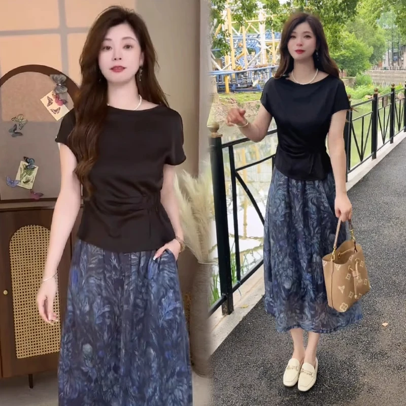 时尚连衣裙套装女夏季新款洋气显瘦褶皱收腰短袖T恤半身裙两件套