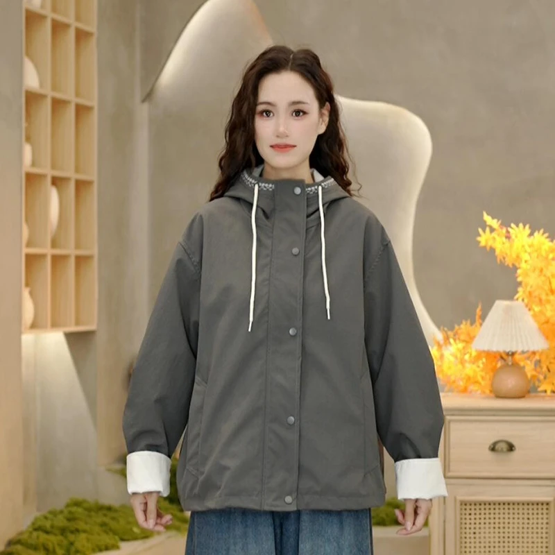 3928 秋款薄款文艺连帽拼接外套女休闲时尚百搭宽松撞色上衣女