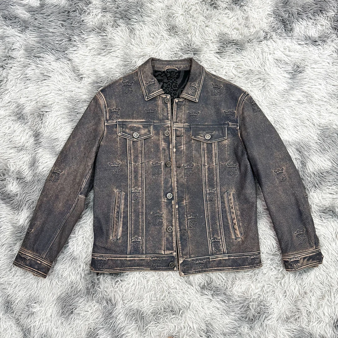 2025胎牛皮做旧蓝印花蓝色免烫四季通用短款牛仔风皮衣23-021-1