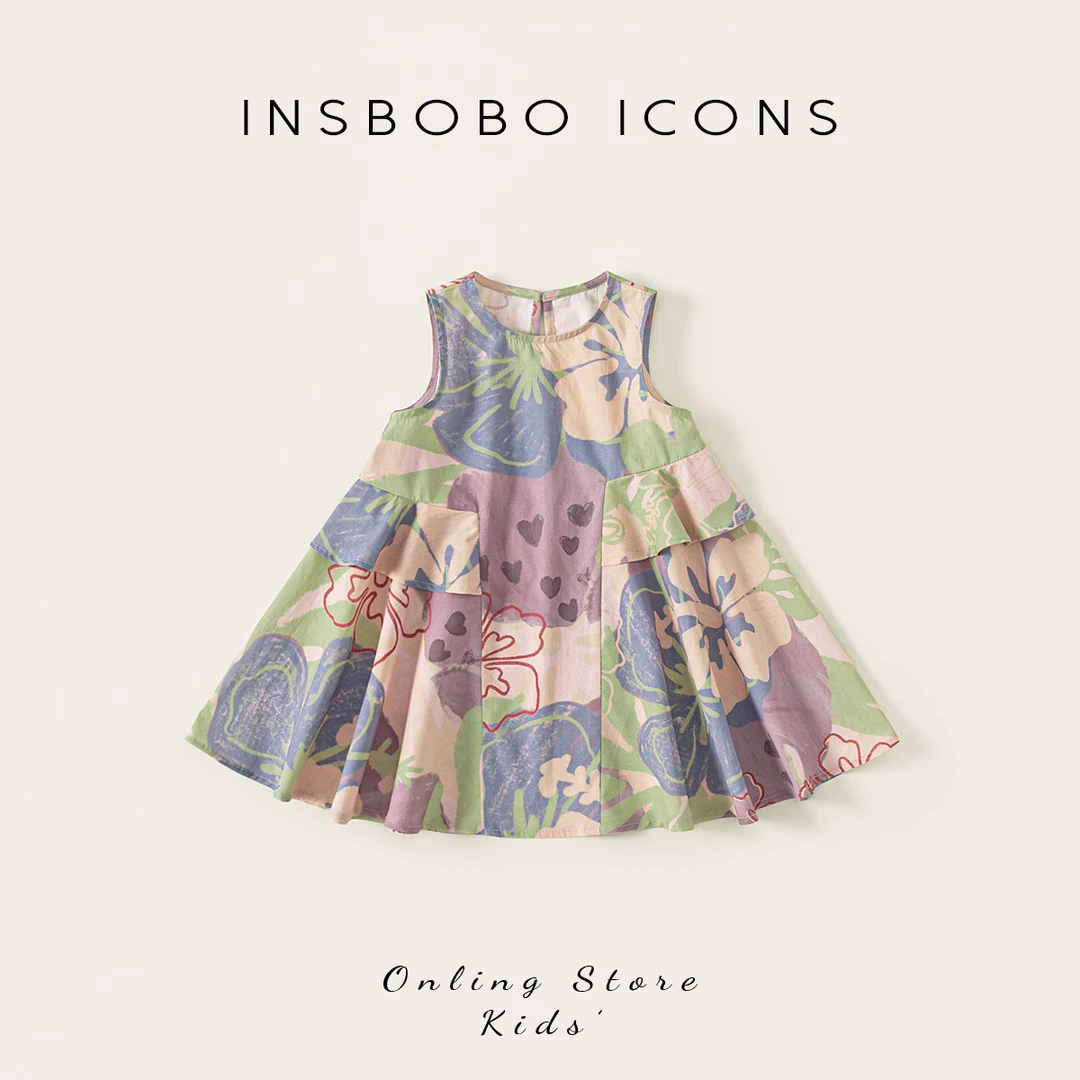 XQ25291【夏】儿童裙子（时尚玩趣圆领印花无袖连衣裙）