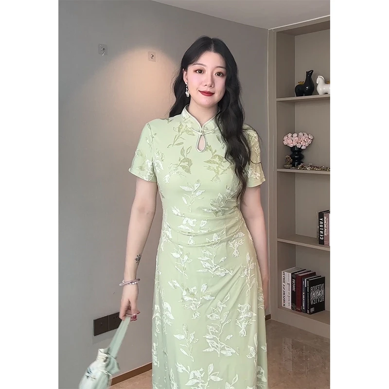 浅绿色植绒旗袍女胖mm大码新中式国风裙夏薄款气质掐腰显瘦连衣裙