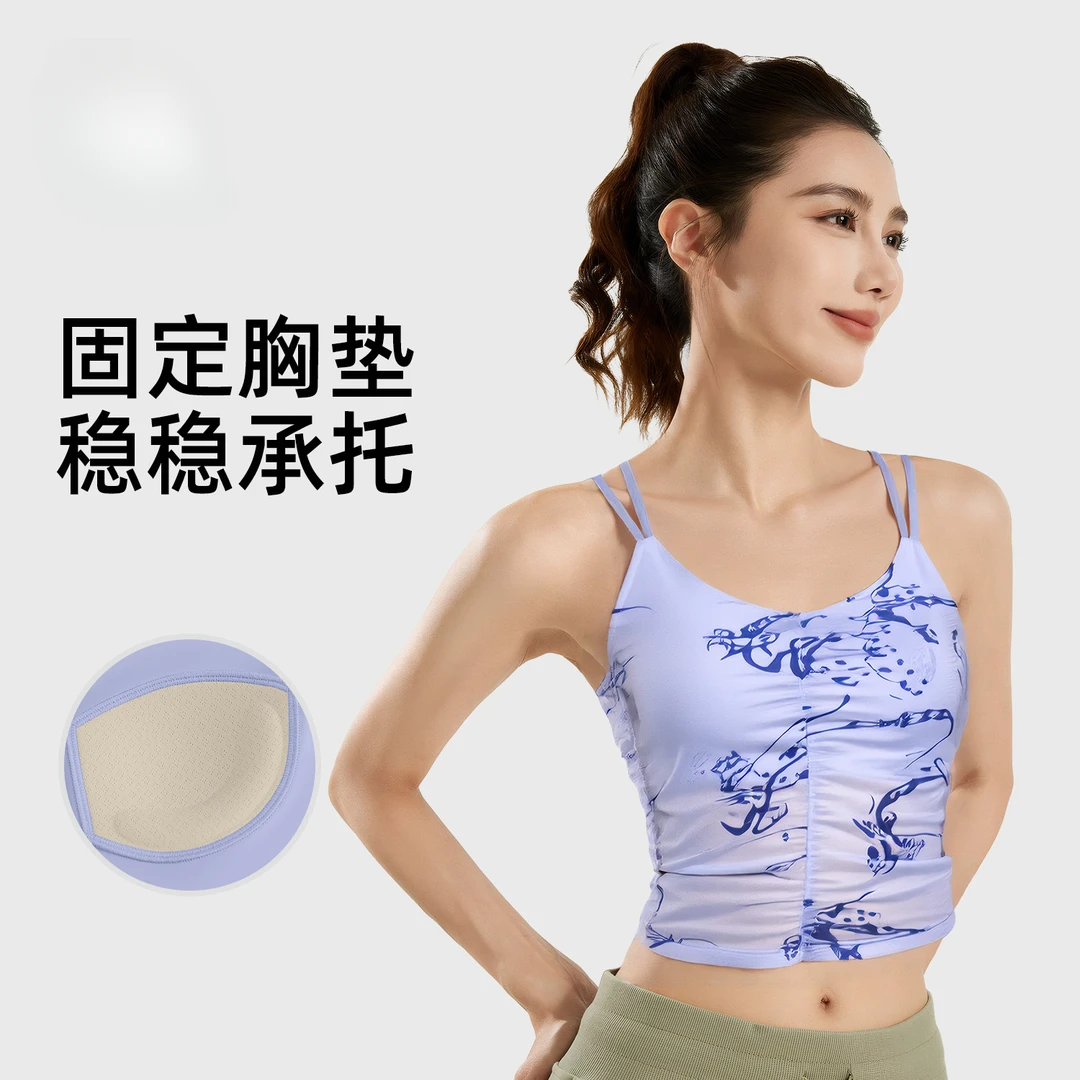 新款国风印花双肩带运动背心一体固定杯吊带外穿运动内衣夏季无袖