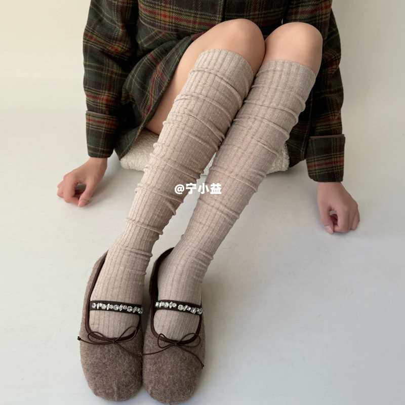 宁小益竖条纹过膝袜子女春秋冬款加长筒堆堆袜高筒日系叠穿靴子袜