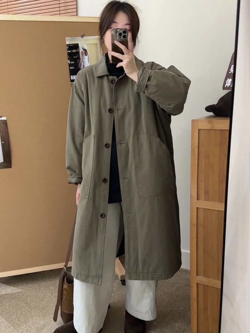 冬季复古棉服风衣外套女2025新款宽松休闲夹棉工装风中长款棉大衣