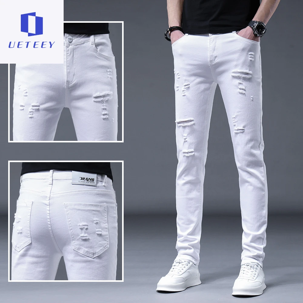 爆款修身破洞牛仔裤新款高级感男款裤子白色夏季薄款直筒休闲男装