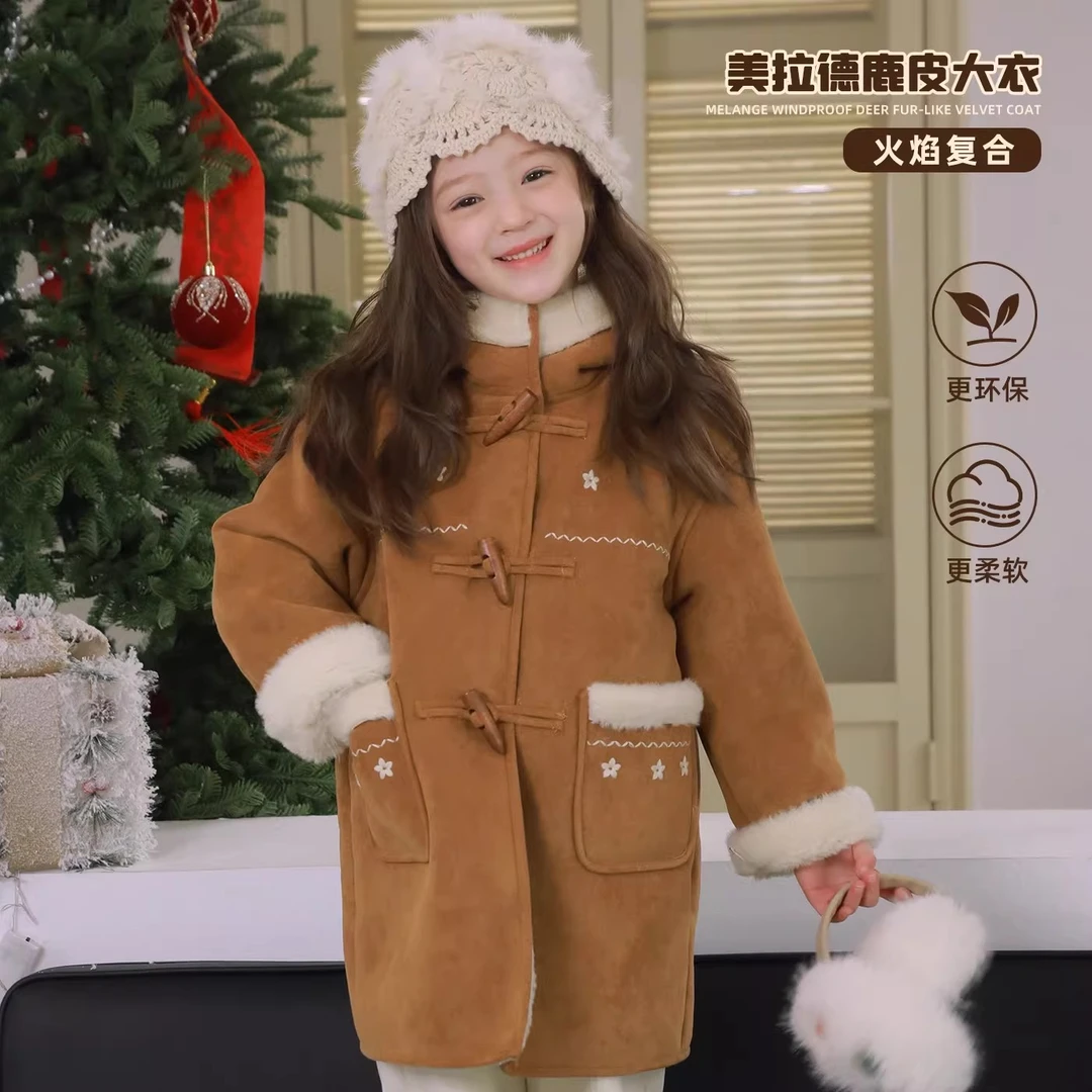 ASLN女童美拉德香槟驼复古麂皮绒手工绣碎花大衣冬装2026新款