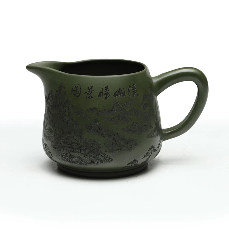A066宜兴原矿紫砂手工刻绘溪山图绿泥公道杯茶具200毫升