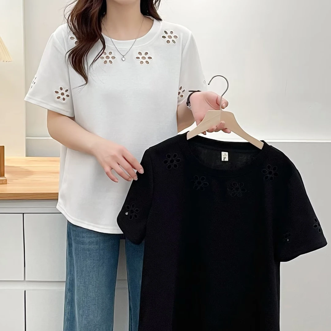 2025年夏季常规刺绣短袖新潮风圆领镂空T恤纯色百搭重工打底半袖
